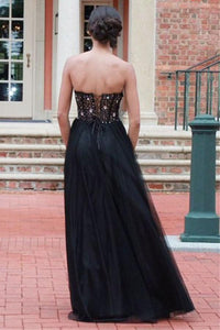 Long Black Sexy Tulle Strapless Lace up Sweetheart A-Line Beads Prom Dresses RS422