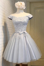 Load image into Gallery viewer, A-Line Off the Shoulder Short Sleeveless Scoop Grey Tulle Lace up Homecoming Dresses RS964