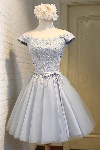 A-Line Off the Shoulder Short Sleeveless Scoop Grey Tulle Lace up Homecoming Dresses RS964