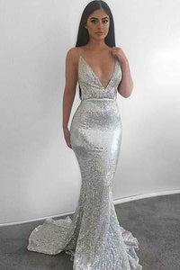 Backless V-neck Sequins Silver Spaghetti Straps Short Train Mermaid Prom Dresses RS503