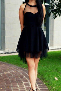 2024 Cute Little Black High Neck Tulle Tea Length Short Prom Dresses Homecoming Dresses RS504