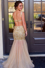 Load image into Gallery viewer, Scoop Floor-Length Tulle Sequins Sleeveless Backless Beading Prom Dresses RS395
