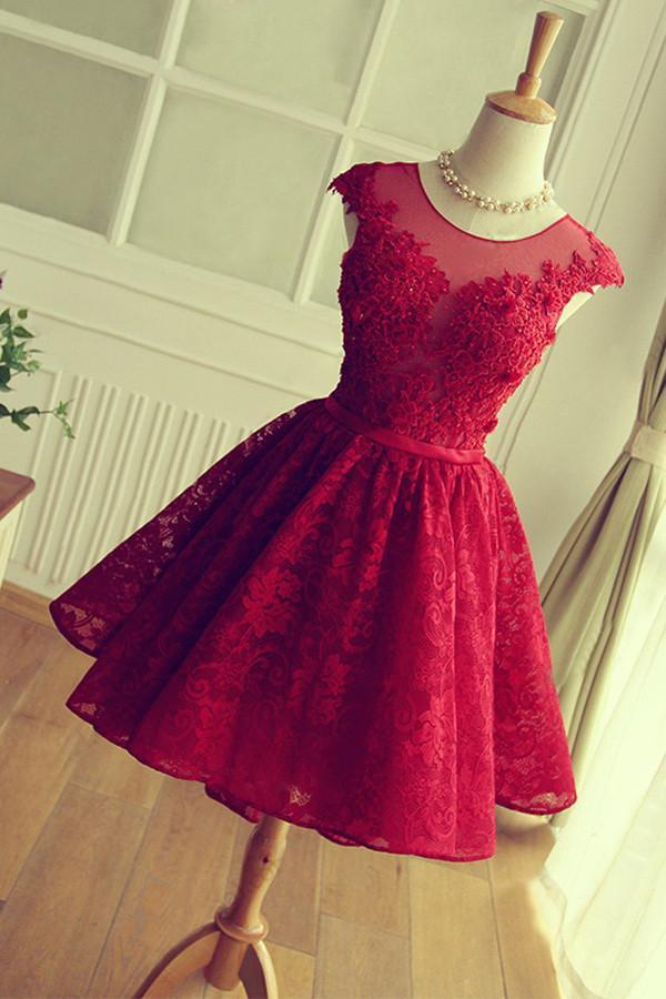 Scoop A-line Short Red Lace Homecoming Dress Cute Prom Dress