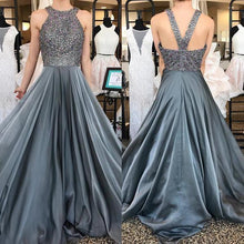 Load image into Gallery viewer, Grey Halter Open Back Chiffon A-Line Rhinestone Beaded Top Dark Long Prom Dresses RS287