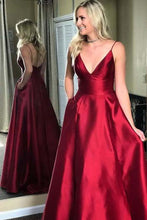 Load image into Gallery viewer, Simple Red V-Neck Spaghetti Straps A-line Long Backless Satin Prom Dresses RS462