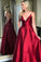 Simple Red V-Neck Spaghetti Straps A-line Long Backless Satin Prom Dresses RS462