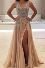 Load image into Gallery viewer, 2024 A-line V-neck Nude Tulle with Slit Sexy Shinny Rhinestone Long Prom Dresses RS634