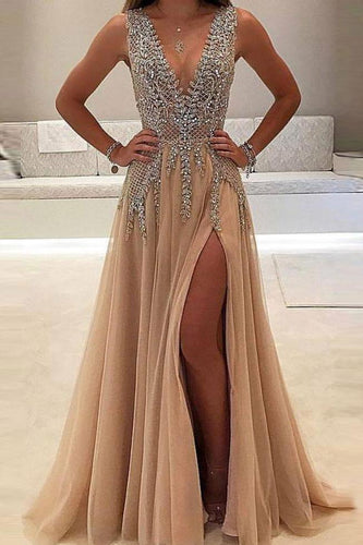 2024 A-line V-neck Nude Tulle with Slit Sexy Shinny Rhinestone Long Prom Dresses RS634