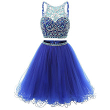 Load image into Gallery viewer, Jewel Neck Illusion Sequins Crystal Shining Two Piece Low Back Royal Blue Tulle Homecoming Dress RS877