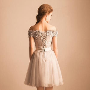2024 Off-the-Shoulder Lace Short Prom Dress Beading Tulle Cute Lace-up Homecoming Dress RS247