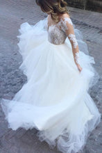 Load image into Gallery viewer, White Excellent Tulle Bateau Neckline Long Sleeves A-line Appliques Wedding Dresses RS615