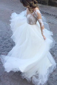White Excellent Tulle Bateau Neckline Long Sleeves A-line Appliques Wedding Dresses RS615