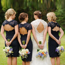 Load image into Gallery viewer, Lace Short Open Back Cheap Navy Blue Cap Sleeve Mermaid Bridesmaid Dresses RS122