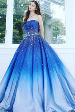 Load image into Gallery viewer, A Line Blue Strapless Sweetheart Ombre Sweep Train Ball Gown Beads Tulle Prom Dresses RS891