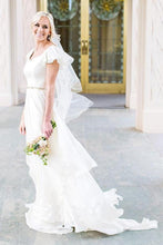 Load image into Gallery viewer, Flowy Beach Short Sleeves Beaded Ivory Belt Temple Chiffon Modest Wedding Dresses RS272