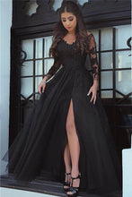 Load image into Gallery viewer, A Line Long Sleeve Slit Black Tulle Lace Appliques Backless Sweetheart Prom Dresses RS38
