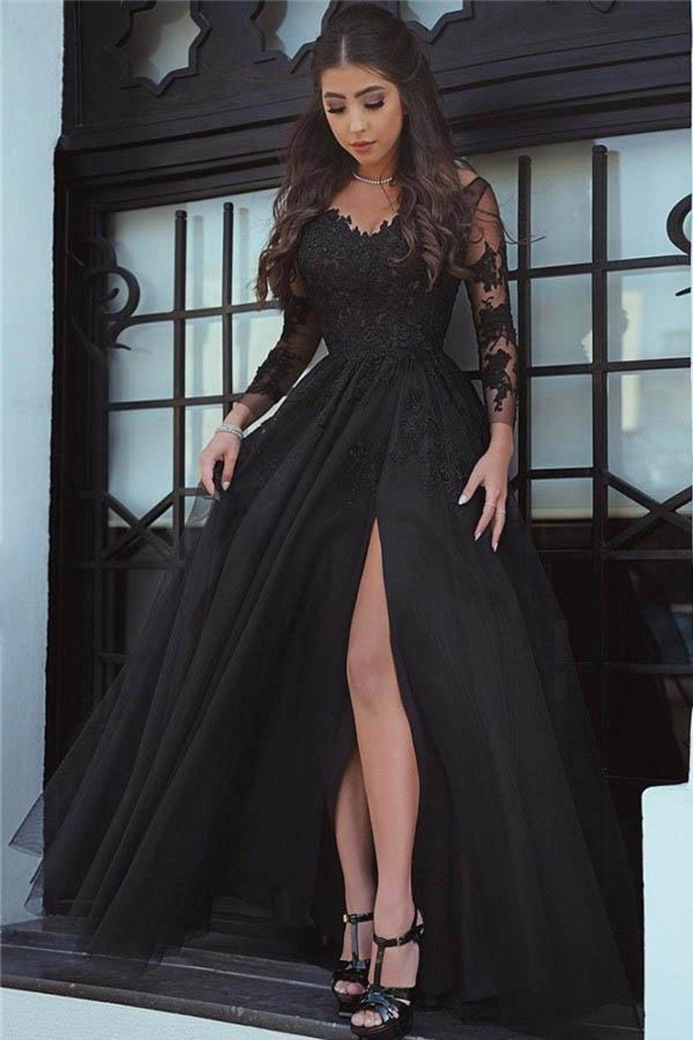 A Line Long Sleeve Slit Black Tulle Lace Appliques Backless Sweetheart Prom Dresses RS38