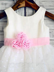 Ball Gown Scoop Neck Tulle Ivory Elastic Woven Satin Short Mini Tiered Flower Girl Dresses RS735