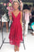 Simple A Line Red Deep V Neck Spaghetti Straps Asymmetrical Lace Bridesmaid Dresses RS989