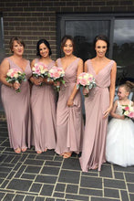 Load image into Gallery viewer, A Line Long Chiffon V Neck Ruffles Pink Prom Dresses Floor Length Bridesmaid Dresses RS264