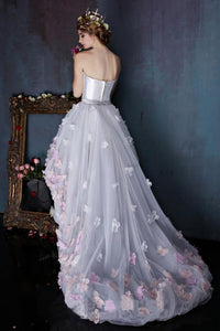 Charming Sweetheart Flowers Strapless Tulle Asymmetry Prom Dresses Wedding Dresses RS259
