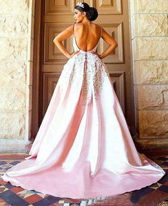 Unique Pink Backless Spaghetti Straps Sweep Train Appliques Long Prom Dresses RS363