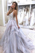 Load image into Gallery viewer, A Line Spaghetti Straps V Neck Silver Tulle Long Wedding Dresses with Rhinestones RS281