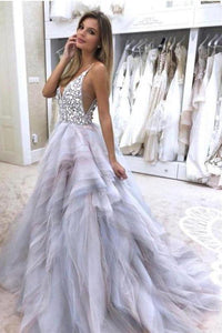 A Line Spaghetti Straps V Neck Silver Tulle Long Wedding Dresses with Rhinestones RS281