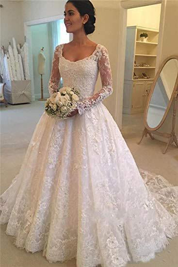 A Line Lace Applique Long Sleeve Sweetheart Covered Button Wedding Dresses RS331