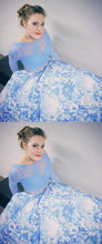 Load image into Gallery viewer, Two Piece Prom Dresses With Long Sleeves, White Blue Printed Prom Dresses