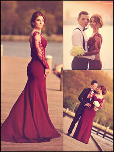 A-Line Sweetheart Long Sleeve Burgundy Prom Dress With Lace Appliques RS98