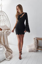 Load image into Gallery viewer, Sheath One Shoulder Bell Sleeves Short Black Lace Above Knee Homecoming Dresses RS21