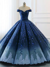Load image into Gallery viewer, Ball Gown Navy Blue Lace Applique Ombre Off the Shoulder Princess Quinceanera Dresse RS269