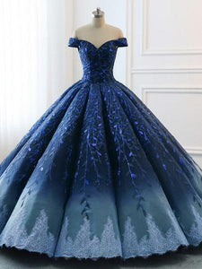Ball Gown Navy Blue Lace Applique Ombre Off the Shoulder Princess Quinceanera Dresse RS269