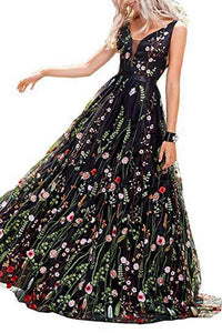 A Line Black Backless Lace Floral Long Sleeveless V Neck Formal Dresses Prom Dresses RS326
