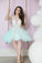 A Line Deep V Neck Tulle Lace Appliques Cute Short Prom Dresses Homecoming Dresses RS908
