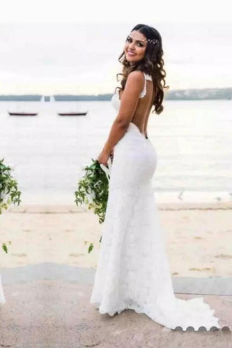 Sexy Lace Mermaid Spaghetti Straps V Neck Backless Beach Wedding Dresses RS236