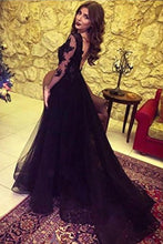 Load image into Gallery viewer, A Line Long Sleeve Slit Black Tulle Lace Appliques Backless Sweetheart Prom Dresses RS38