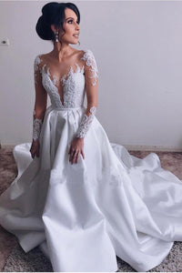 A Lin Ivory Long Sleeve Satin Lace Sweep Train Wedding Dresses Long Bridal Dresses RS410