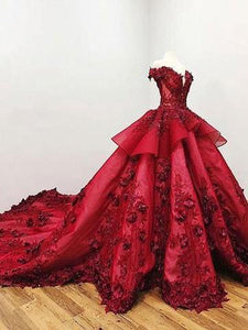 2024 Chic Ball Gown V Neck Beads Appliques Red Off-the-Shoulder Long Prom Dresses RS139