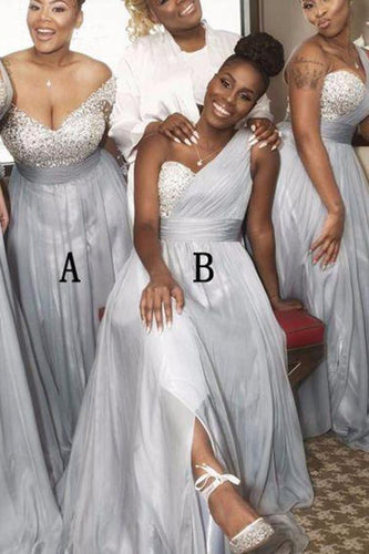 A Line Sweetheart Grey Beading One Shoulder Bridesmaid Dresses RS282
