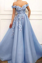 Load image into Gallery viewer, A Line Blue Off the Shoulder Tulle Lace Sweetheart 3D Flowers Prom Dresses Formal Dress RS464