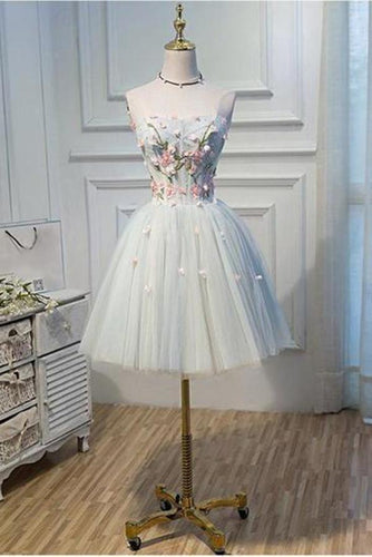 A Line Strapless Light Blue Lace up Homecoming Dress Flower Applique Short Prom Dresses RS730