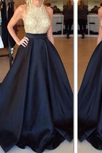 Load image into Gallery viewer, New Arrival Crew Neck Gold Sequins Black Satin Backless Sleeveless Prom Dresses RS440