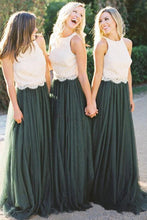 Load image into Gallery viewer, A Line Lace Bodice Green and White Tulle Long Round Neck Bridesmaid Dresses RS285
