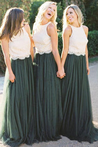 A Line Lace Bodice Green and White Tulle Long Round Neck Bridesmaid Dresses RS285