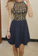 Load image into Gallery viewer, Unique Round Neck Rhinestones Short Dark Blue Chiffon Homecoming Dresses RS806