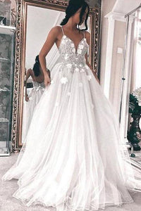 A Line V Neck Tulle Long Ivory Spaghetti Straps Lace Appliques Cheap Prom Dresses RS809