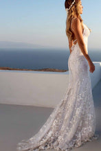 Load image into Gallery viewer, Sexy Backless Off White Mermaid Lace V Neck Wedding Dresses Long Prom Dresses RS354