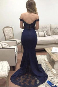 Mermaid Off-the-Shoulder Sweep Train Navy Blue Appliques Satin Prom Dresses RS404